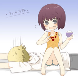  1boy bad_id bad_pixiv_id bare_shoulders barefoot blonde_hair blush bowl bra_strap brown_eyes brown_hair chibi collarbone female finger_marks flying_sweatdrops grey_eyes hood hoodie kaburagi_sui nishio_rina ootani_mikoto open_mouth pants rice rice_bowl short_hair shorts sitting sitting_on_person soukyuu_no_fafner sweatdrop tank_top wavy_mouth 