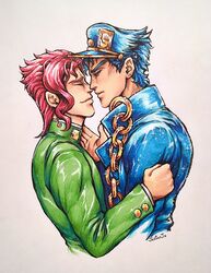  2boys artist_name blue_hair chains closed_eyes earrings from_side gakuran hat imminent_kiss jewelry jojo_no_kimyou_na_bouken jostarjo kakyoin_noriaki kujo_jotaro male_focus multiple_boys pink_hair school_uniform signature smile sparkle stardust_crusaders stud_earrings traditional_media yaoi 