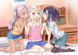  3girls :d :q bare_shoulders barefoot black_hair black_legwear calendar_(object) chloe_von_einzbern collarbone commentary dark-skinned_female dark_skin doonatsu. fate/kaleid_liner_prisma_illya fate_(series) girl_sandwich hair_between_eyes holding_hands illyasviel_von_einzbern kneeling long_hair looking_at_another miyu_edelfelt multiple_girls no_shoes on_bed open_mouth pink_hair ponytail red_eyes sandwiched shirt short_shorts shorts sitting skirt smile thighhighs tongue tongue_out twintails wariza white_hair yellow_eyes yuri 