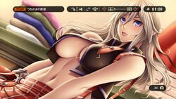  alisa_ilinichina_amiella belt blanket blonde_hair blue_eyes blush breasts buckle closed_mouth commentary_request dutch_angle female fingerless_gloves gameplay_mechanics gloves god_eater god_eater_resurrection hair_between_eyes hat large_breasts lipstick long_hair looking_at_viewer makeup midriff navel photoshop_(medium) plaid purple_eyes skirt sleeveless solo suspender_skirt suspenders underboob unworn_hat unworn_headwear upper_body viewfinder watanuki_kaname white_hair 