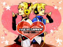  1boy 96neko :d androgynous back-to-back bad_id bad_pixiv_id blonde_hair female happy_synthesizer_(vocaloid) headphones headset heart indie_utaite kagamine_len long_sleeves looking_at_viewer open_mouth pants paw_print photoshop_(medium) print_object satou_iruno short_hair smile utaite vocaloid 