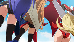  3girls ass black_legwear blonde_hair blue_hair brown_hair cloud day from_behind gre-chan grenda-san haruyama_kazunori head_out_of_frame long_hair multiple_girls robot_girls_z sky thighhighs z-chan 