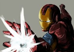  1boy arm_cannon armor bad_id bad_pixiv_id glowing glowing_eyes iron_man male_focus marvel power_armor simple_background solo tomako_(tatihitoe) tony_stark weapon 