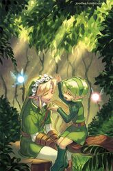  1boy bad_id bad_link bad_twitter_id belt blonde_hair boots fairy female flower gloves green_footwear green_hair hat jpeg_artifacts juby link nature navi outdoors pointy_ears saria_(zelda) smile the_legend_of_zelda the_legend_of_zelda:_ocarina_of_time watermark web_address 