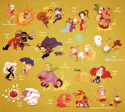  1other 4girls 6+boys ambiguous_gender battle blonde_hair celes_chere chibi commentary_request cyan_garamonde edgar_roni_figaro everyone final_fantasy final_fantasy_vi gau gogo interceptor_(ff6) locke_cole mog moogle multiple_boys multiple_girls pantyhose relm_arrowny sabin_rene_figaro sakaman setzer_gabbiani shadow_(ff6) simple_background strago_magus suplex terra_branford umaro 