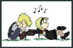  1boy black_dress blonde_hair charles_schulz_(style) commentary_request crossed_legs dorothy_catalonia dress female forked_eyebrows gundam gundam_wing instrument long_hair mini_piano musical_note pantyhose parody peanuts_(comic) photoshop_(medium) piano quatre_raberba_winner reclining short_hair sitting sorgie style_parody 