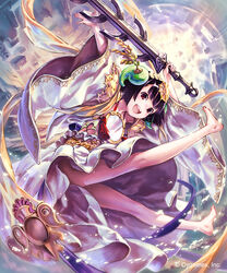  amaterasu_(shingeki_no_bahamut) bare_legs barefoot black_hair blunt_bangs bob_cut commentary_request convenient_skirt dress female hair_ornament happy highres hisakata_souji magatama mirror robe seven-branched_sword shadowverse shingeki_no_bahamut short_hair solo sword weapon wide_sleeves 