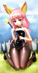  animal_ears bare_shoulders bow bowtie commentary detached_collar elin english_commentary female flat_chest kairunoburogu kneeling long_hair looking_at_viewer mystic_(tera_online) pantyhose pink_hair playboy_bunny pout purple_eyes shoes solo tera_online twintails wand wide_hips 