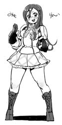  blush boots commentary_request female gauntlets greyscale kanojo_ga_flag_wo_oraretara long_hair mafuyu_hemp monochrome pleated_skirt school_uniform seiteikouji_mimori shoulder_pads skirt solo very_long_hair 