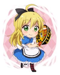  bad_id bad_pixiv_id blonde_hair commentary_request cup_ramen dress dressy_alice_(idolmaster) female food green_eyes hiiringu hoshii_miki idolmaster idolmaster_(classic) instant_udon long_hair maruchan_kuroi_buta_curry_udon noodles ribbon smile solo udon 