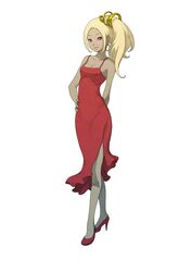  alternate_costume alternate_hairstyle blonde_hair breasts cleavage dark-skinned_female dark_skin dress earrings female full_body gravity_daze gravity_daze_2 hair_ornament high_heels highres hoop_earrings jewelry kitten_(gravity_daze) looking_at_viewer medium_breasts official_art pantyhose red_dress red_eyes saitou_shunsuke side_ponytail side_slit smile solo standing 