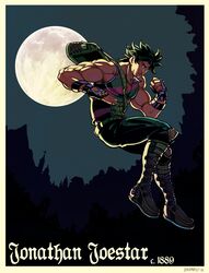  1boy backpack bag black_hair boots character_name commentary dkirbyj english_commentary fingerless_gloves full_moon gloves jojo_no_kimyou_na_bouken jonathan_joestar male_focus moon muscular muscular_male phantom_blood solo striped 