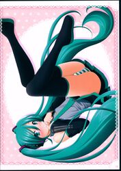  black_legwear blue_eyes detached_sleeves green_hair green_neckwear hair_ornament hatsune_miku highres long_hair looking_at_viewer necktie panties pleated_skirt sin-go skirt solo striped striped_panties thighhighs twintails underwear very_long_hair vocaloid 