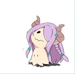  arashiki_mamizu commentary_request cosplay granblue_fantasy hair_ornament horns long_hair mimikyu narmaya_(granblue_fantasy) narmaya_(granblue_fantasy)_(cosplay) no_humans pokemon pokemon_(creature) purple_hair simple_background solo white_background 