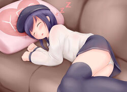  akatsuki_(kantai_collection) ass black_legwear blush closed_eyes female female hat heart heat_print kantai_collection long_hair long_sleeves lying on_side open_mouth panties pantyshot pantyshot_(lying) pillow print_pillow purple_hair pzsumire skirt sleeping solo thighhighs underwear white_panties zzz 