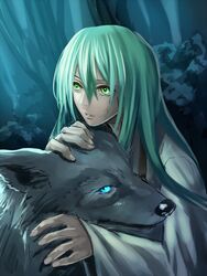  1boy aqua_hair blue_eyes commentary_request enkidu_(fate) fate/strange_fake fate_(series) forest glowing glowing_eyes green_eyes grey_fur hair_between_eyes homutatu japanese_clothes long_hair nature petting tree very_long_hair wolf wolf_(fate) 