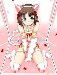  amami_haruka animal_ears animal_hands blush breasts brown_hair cat_ears cat_tail cleavage commentary_request confetti cosplay female green_eyes hair_ribbon highres idolmaster idolmaster_(classic) idolmaster_cinderella_girls maekawa_miku maekawa_miku_(cosplay) medium_breasts nitoro-star photoshop_(medium) ribbon shorts sitting smile solo tail 