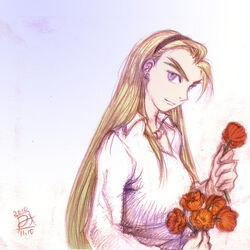  blonde_hair blue_eyes casual dorothy_catalonia female flower forked_eyebrows gundam gundam_wing hairband long_hair miyuki_mouse solo very_long_hair 