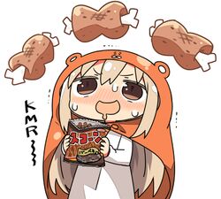  beef_jerky blonde_hair boned_meat brown_eyes commentary_request doma_umaru dress drooling female food himouto!_umaru-chan holding holding_food kanikama komaru_(himouto!_umaru-chan) long_hair long_sleeves looking_up lowres meat open_mouth simple_background solo sweatdrop trembling white_background white_dress 