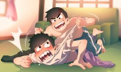  2boys anger_vein angry black_hair brothers collarbone commission couch curtains embarrassed fangs highres indoors jacket jumpsuit kyosein leather leather_jacket looking_at_another male_focus matsuno_ichimatsu matsuno_karamatsu multiple_boys open_mouth osomatsu-san osomatsu_(series) pants pulling_another&#039;s_clothes sharp_teeth shirt short_sleeves siblings sitting sitting_on_person sweatpants t-shirt teeth topless_male white_shirt wrestling 