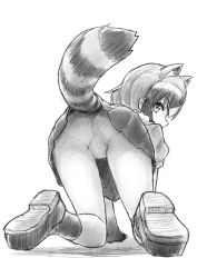  all_fours animal_ears ass bent_over black_hair common_raccoon_(kemono_friends) female fur_collar good_ass_day grey_hair greyscale highres kemono_friends looking_at_viewer monochrome panties raccoon_ears raccoon_girl raccoon_tail shirt short_hair short_sleeves skirt sokushinbutsu solo tail underwear white_hair 