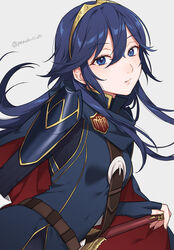  armor belt blue_dress blue_eyes blue_hair blush brand_of_the_exalt breasts brown_belt cape commentary dress female fingerless_gloves fire_emblem fire_emblem_awakening gloves grey_background hand_on_hilt head_tilt highres long_hair long_sleeves looking_at_viewer lucina_(fire_emblem) peach11_01 shoulder_armor sidelocks simple_background small_breasts solo tiara upper_body 