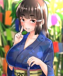  alternate_costume bamboo blue_kimono blush breasts brown_eyes brown_hair cleavage collarbone commentary_request female finger_to_mouth furaggu_(frag_0416) highres holding_tanzaku japanese_clothes kantai_collection kimono large_breasts long_hair looking_at_viewer myoukou_(kancolle) outdoors paper_chain print_kimono sash smile solo tanabata tanzaku upper_body wide_sleeves yukata 