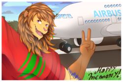  3:2 airbus_a380 airplanes border felid hi_res lion male mammal mattiyyah_lion pantherine posing_for_picture solo white_border 