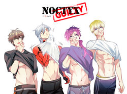  404kumi 4boys alban_knox black_pants black_shirt blonde_hair blue_eyes brown_hair closed_eyes clothes_lift fulgur_ovid grey_hair grey_pants guilty_challenge_(meme) heterochromia highres jewelry male_focus male_underwear meme midriff multiple_boys navel necklace nijisanji nijisanji_en nipples noctyx pants purple_eyes purple_hair purple_shirt shirt shirt_lift short_hair sonny_brisko stomach tongue tongue_out uki_violeta underwear virtual_youtuber white_shirt 