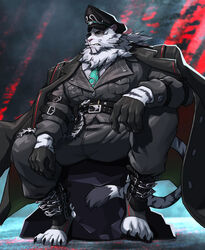  1boy absurdres animal_ears bara black_coat black_gloves black_headwear black_pants black_suit chains coat digitigrade dislyte english_commentary fangs furry furry_male gloves green_necktie highres jin_qiu_(ru_shou)_(dislyte) looking_at_viewer male_focus necktie pants rock scar scar_across_eye shirt sitting sitting_on_rock solo strap suit sunglasses tail tiger_boy tiger_ears tiger_stripes tiger_tail whip white_shirt yellow_eyes yongbae2372 