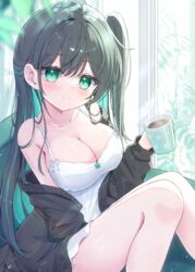  bare_shoulders black_hair black_jacket blush breasts cleavage collarbone colored_inner_hair commentary_request cup dress female green_eyes green_skirt highres holding holding_cup jacket large_breasts long_hair looking_at_viewer mikaze_oto multicolored_hair off_shoulder original side_ponytail skirt sleeveless smile solo white_dress 