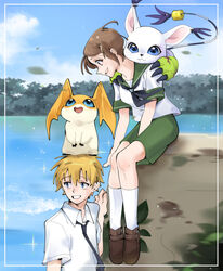  1boy :d black_neckerchief breasts brown_footwear brown_hair digimon digimon_(creature) digimon_adventure_02 digimon_on_head female gelato_ss1 green_sailor_collar green_skirt grin highres looking_at_another neckerchief odaiba_middle_school_uniform on_head open_mouth outdoors patamon sailor_collar school_uniform serafuku shirt short_hair short_sleeves sitting skirt small_breasts smile socks tailmon takaishi_takeru teeth tree upper_body water white_shirt white_socks yagami_hikari 