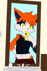  2:3 absurd_res anthro calico_cat cellphone domestic_cat electronics eyebrows felid feline felis female fur hair hi_res hikaridraws mammal maroon_clothing maroon_skirt midriff mirror mirror_selfie navel navy_fur navy_shirt orange_body orange_eyebrows orange_fur orange_hair phone selfie smartphone solo white_body white_fur yellow_eyes 