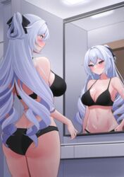  absurdres aircell ass back black_bra black_panties blush bra breasts bronya_zaychik cleavage closed_mouth cowboy_shot crossed_bangs drill_hair female from_behind from_below grey_eyes grey_hair hair_between_eyes hair_intakes highres honkai_(series) honkai_impact_3rd indoors large_breasts long_hair looking_at_mirror mirror navel panties pink_pupils reflection short_ponytail sideboob solo tsurime twin_drills underwear undressing very_long_hair 