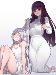  2girls absurdres barefoot blunt_bangs breasts buttons camisole closed_eyes commentary_request dangle_earrings dress earrings elf fern_(sousou_no_frieren) frieren gradient_background grey_background hair_down hair_lift hand_on_own_knee highres jewelry kneeling knees_up large_breasts long_dress long_hair multiple_girls parted_bangs petite pointy_ears purple_eyes purple_hair radjeong short_eyebrows sidelocks signature sitting sleepwear sleepy small_breasts sousou_no_frieren straight_hair tying_another&#039;s_hair white_background white_dress 