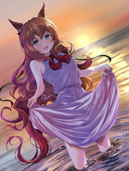  animal_ears aqua_eyes artist_name bad_id bad_pixiv_id bare_shoulders blush breasts brown_hair commentary dress female highres horse_ears horse_girl horse_tail lifting_own_clothes long_hair maruzensky_(umamusume) medium_breasts ocean open_mouth outdoors red_sweater saca110 skirt_hold sleeveless sleeveless_dress smile solo sunset sweater sweater_around_neck tail umamusume very_long_hair wading water white_dress 