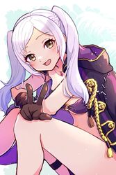  :d bikini breasts brown_gloves brown_hair commentary female fire_emblem fire_emblem_awakening fire_emblem_heroes gloves gogatsu_(yeaholiday) jacket jacket_on_shoulders jewelry long_hair looking_at_viewer necklace o-ring o-ring_bikini official_alternate_costume open_mouth parted_bangs purple_bikini robin_(female)_(fire_emblem) robin_(female)_(summer)_(fire_emblem) robin_(fire_emblem) smile solo swimsuit thigh_strap twintails w white_hair 