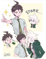  2boys absurdres ahoge breast_pocket brown_hair collared_shirt cropped_torso danganronpa_(series) danganronpa_2:_goodbye_despair eye_contact foreshortening green_jacket green_necktie grey_hair highres hinata_hajime hood hood_down imminent_kiss jacket komaeda_nagito looking_at_another male_focus messy_hair multiple_boys necktie okamotoo open_clothes open_jacket pale_skin pocket pointing print_shirt pulling_tongue shirt short_hair short_sleeves sparkle tongue tongue_out yaoi 