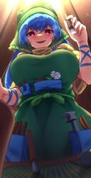  absurdres apron arm_ribbon blue_hair breasts commentary_request female flower green_apron green_headwear haniyasushin_keiki head_scarf heart heart-shaped_pupils highres holding_chisel holding_tool large_breasts long_hair looking_at_viewer pink_eyes ribbon smile solo symbol-shaped_pupils tools touhou yosshy 