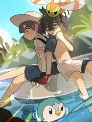  2boys afloat barefoot black_hair blush chinese_commentary clothes_lift commentary_request crossed_bangs day florian_(pokemon) gloves hair_between_eyes hairband hat highres implied_yaoi innertube kieran_(pokemon) knees lifting_own_clothes male_focus multiple_boys nipples outdoors partially_fingerless_gloves piplup pokemon pokemon_(creature) pokemon_sv red_gloves school_uniform shirt_lift short_hair shorts single_glove sitting sky suikaels swim_ring uva_academy_school_uniform white_shorts yanma yellow_eyes yellow_hairband 