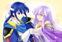  1boy absurdres bare_shoulders blue_cape blue_eyes blue_hair breasts cape circlet dress female fire_emblem fire_emblem:_genealogy_of_the_holy_war gloves headband highres holding holding_hands implied_incest jewelry julia_(fire_emblem) long_hair open_mouth ponytail purple_cape purple_eyes purple_hair seliph_(fire_emblem) simple_background smile white_gloves white_headband yukia_(firstaid0) 