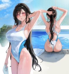  absurdres armpits arms_up ass bare_arms bare_shoulders black_hair blush breasts chain-link_fence commentary_request competition_swimsuit cowboy_shot day female fence from_behind highleg highleg_swimsuit highres holding looking_at_viewer momokan_(kandume200) multiple_views one-piece_swimsuit open_mouth original outdoors pool purple_eyes sideboob sitting swim_cap swimsuit thighs two-tone_swimsuit tying_hair unworn_swim_cap water wet 