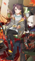  2girls akinashi_yuu autumn_leaves black_eyes black_pants blue_pants blunt_bangs blush boots bowl breasts brown_hair chopsticks cup eating fate/grand_order fate_(series) fire_pit food ghost_hands gradient_hair grey_hair grey_jacket hotpot iyo_(fate) jacket lantern long_hair long_sleeves looking_at_viewer medium_breasts multicolored_clothes multicolored_hair multicolored_jacket multiple_girls official_art pants parted_bangs purple_eyes sen_no_rikyu_(fate) short_hair sitting small_breasts sweater tea third-party_source twintails very_long_hair white_sweater yunomi 