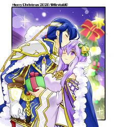  1boy alternate_costume bare_shoulders blue_cape blue_hair breasts brother_and_sister cape christmas christmas_present christmas_tree circlet closed_eyes english_text female fire_emblem fire_emblem:_genealogy_of_the_holy_war fur_trim gift headband holding holding_gift implied_incest jewelry julia_(fire_emblem) one_eye_closed ponytail purple_cape purple_eyes purple_hair seliph_(fire_emblem) siblings smile white_headband wide_sleeves yukia_(firstaid0) 