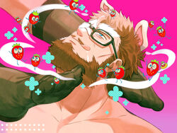  2boys :q animal_ears bara beard black_socks brown_hair couple dog_ears facial_hair feeling_facial_hair feet food foot_focus fruit full_beard glasses highres hiwen-d male_focus mature_male multiple_boys muscular muscular_male mustache_stubble nude opaque_glasses original partially_opaque_glasses pink_background seductive_smile short_hair smile socks solo_focus strawberry stubble thick_beard thick_eyebrows tongue tongue_out upper_body yaoi 