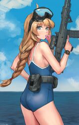  absurdres ahoge ammunition_pouch ass assault_rifle bare_shoulders blue_one-piece_swimsuit blue_sky braid braided_ponytail breasts brown_hair chewing_gum cloud cz_805_bren diving_mask diving_mask_on_head female goggles goggles_on_head grey_eyes gun highres holding holding_gun holding_weapon indie_virtual_youtuber load_bearing_vest long_hair looking_at_viewer magazine_(weapon) mario_(inverse_atelier) one-piece_swimsuit pouch rifle scope sky small_breasts solo swimsuit trigger_discipline virtual_youtuber watch water weapon whiskey_project wristwatch 