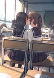  6+girls absurdres benevole black_hair black_sailor_collar black_skirt blush brown_hair closed_eyes day desk facing_away from_behind hair_ornament hairclip highres indoors kissing kissing_cheek long_hair long_sleeves multiple_girls original pleated_skirt ponytail sailor_collar school school_desk school_uniform serafuku shirt sitting skirt white_shirt window yuri 