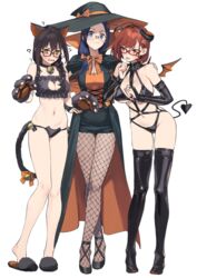  3girls 92m :3 ? absurdres animal_ears blush bra breasts cat_cutout cat_lingerie cat_tail cleavage_cutout closed_mouth clothing_cutout commentary_request crossed_legs dateko_(92m) demon_costume demon_horns demon_tail fake_animal_ears fake_horns fake_tail frilled_bra frills full_body girl_sandwich glasses halloween halloween_costume hand_on_another&#039;s_shoulder hat high_heels highres horns kakita_(92m) kinshi_no_ane_(92m) large_breasts large_hat legs meme_attire multiple_girls navel open_mouth original sandwiched simple_background skindentation slippers smile standing tail underwear watson_cross wavy_mouth white_background witch witch_hat 