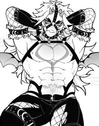  1boy abs alternate_costume arataki_itto arms_behind_head bara blush dante_(rottendevilman) demon_wings feet_out_of_frame fishnet_pantyhose fishnet_sleeves fishnets forked_eyebrows genshin_impact greyscale heart heart_tattoo highres horns large_pectorals long_hair male_focus mini_wings monochrome muscular muscular_male navel nipples oerba_yun_fang oni pants pantyhose pectorals skin_fang slit_pupils solo stomach_tattoo tattoo thick_eyebrows thighs toned toned_male wings 