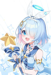  :d arona_(blue_archive) bare_shoulders blue_archive blue_bow blue_dress blue_eyes blue_hair blue_sailor_collar blush bow braid colored_inner_hair commentary dress female hair_over_shoulder hair_ribbon hairband halo highres holding looking_at_viewer multicolored_hair pink_hair ribbon sailor_collar sailor_dress short_hair single_braid sleeveless sleeveless_dress smile solo star_(symbol) two-tone_hair white_background white_hairband white_ribbon yuxian_youka 